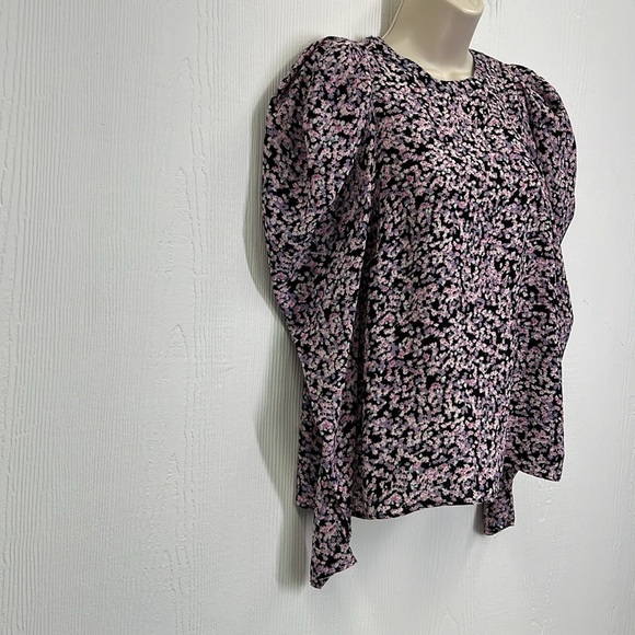 H&M - Black And Purple Floral Puff Ling Sleeve 2 Button Closure Blouse Small - Picture 5 of 14